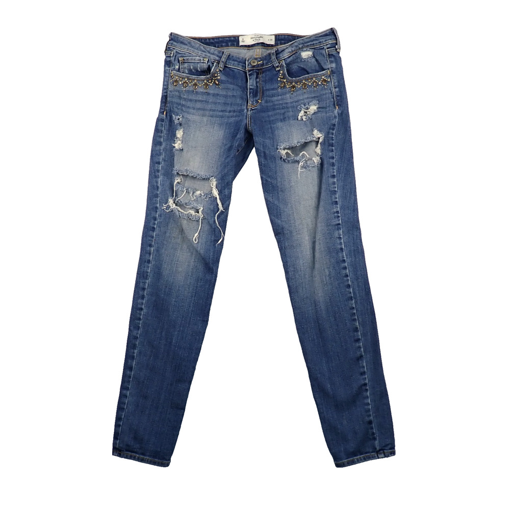 Abercrombie & Fitch Womens Low Rise Jeweled Denim Jeans Size 8 W 29 Distressed
